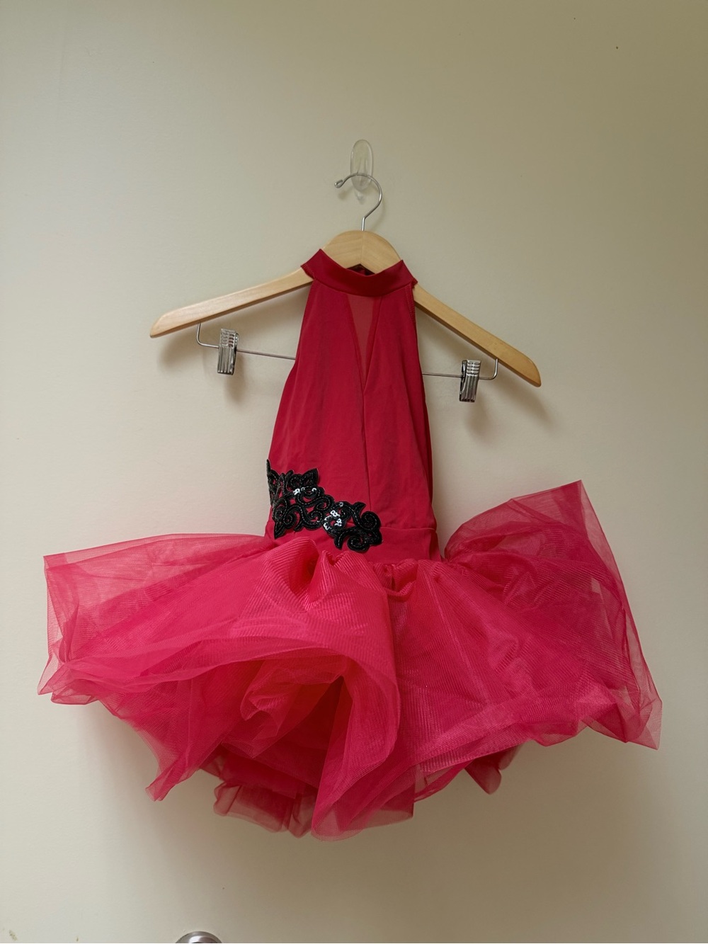 Weissman Hot Pink Halter Tulle Dance Dress with Black Applique🌑